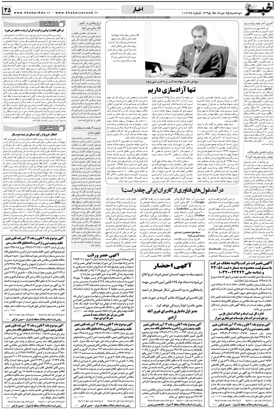 مشاهده صفحه ۳۵ روزنامه خبرجنوب تاریخ ۲۵  سال ۱۳۹۵