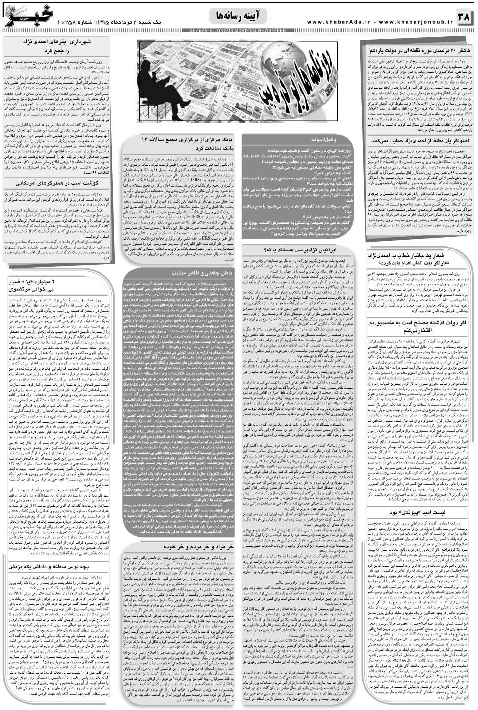 مشاهده صفحه ۳۸ روزنامه خبرجنوب تاریخ ۳  سال ۱۳۹۵