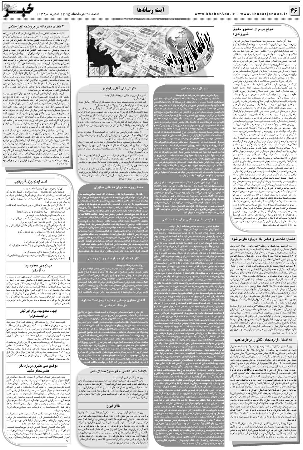 مشاهده صفحه ۴۶ روزنامه خبرجنوب تاریخ ۳۰  سال ۱۳۹۵