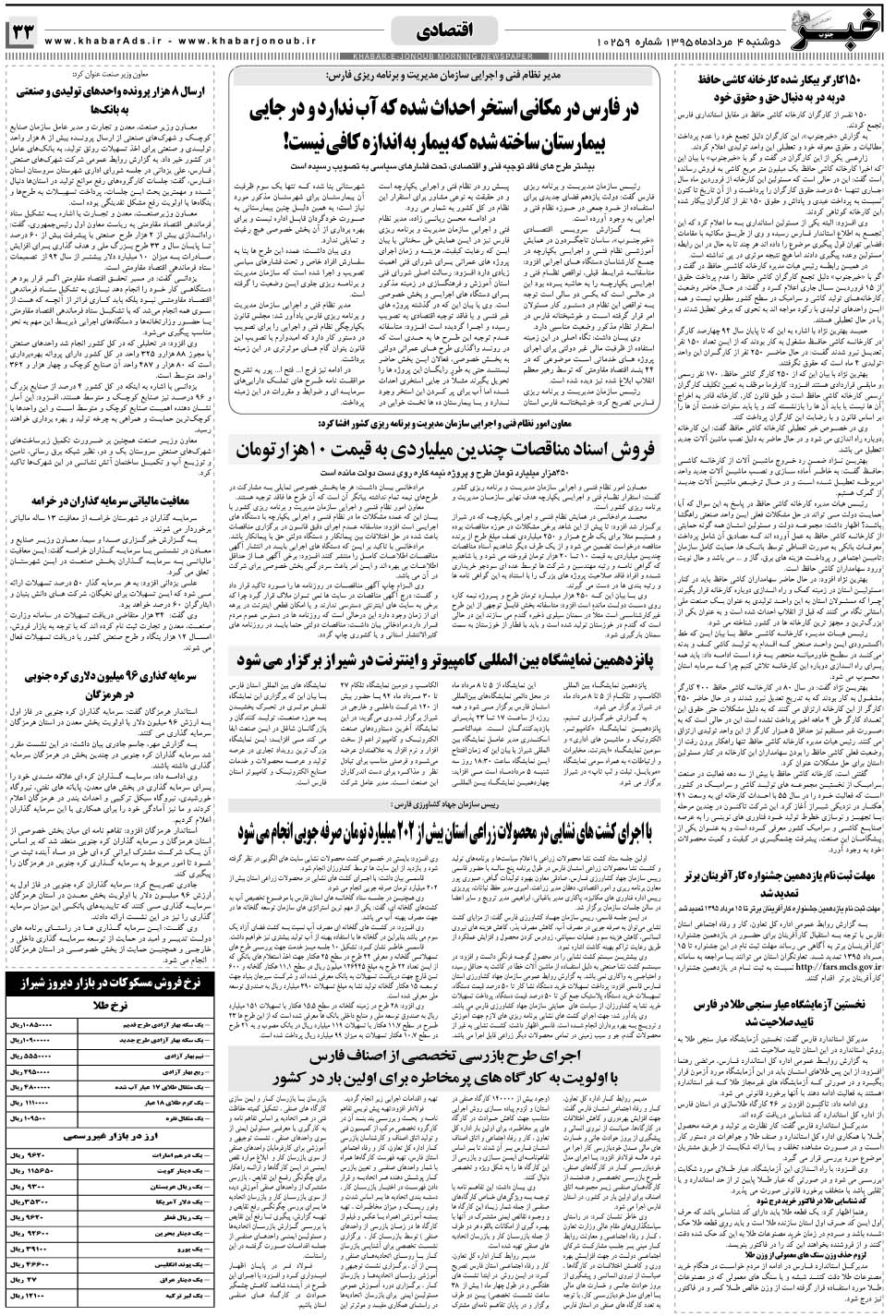 مشاهده صفحه ۳۳ روزنامه خبرجنوب تاریخ ۴  سال ۱۳۹۵
