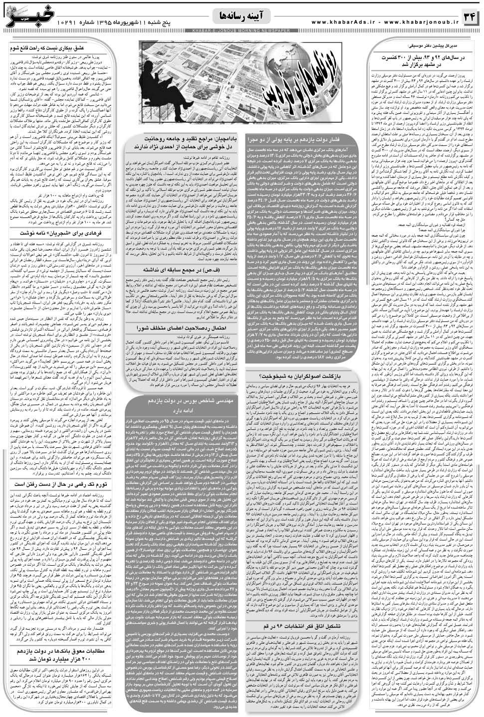 مشاهده صفحه ۳۴ روزنامه خبرجنوب تاریخ ۱۱  سال ۱۳۹۵