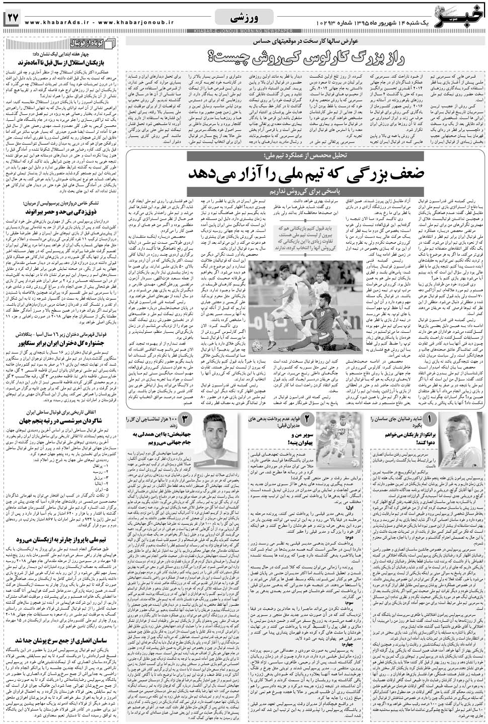 مشاهده صفحه ۲۷ روزنامه خبرجنوب تاریخ ۱۴  سال ۱۳۹۵