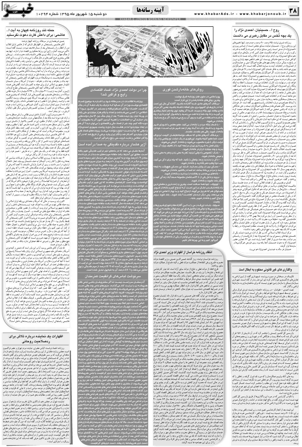 مشاهده صفحه ۳۸ روزنامه خبرجنوب تاریخ ۱۵  سال ۱۳۹۵