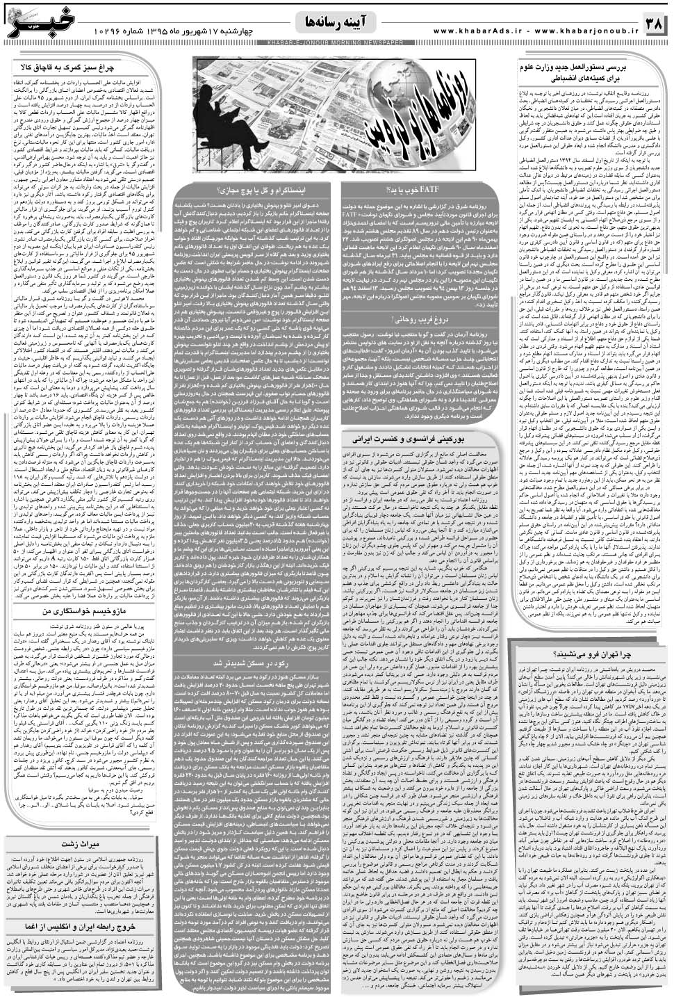 مشاهده صفحه ۳۸ روزنامه خبرجنوب تاریخ ۱۷  سال ۱۳۹۵