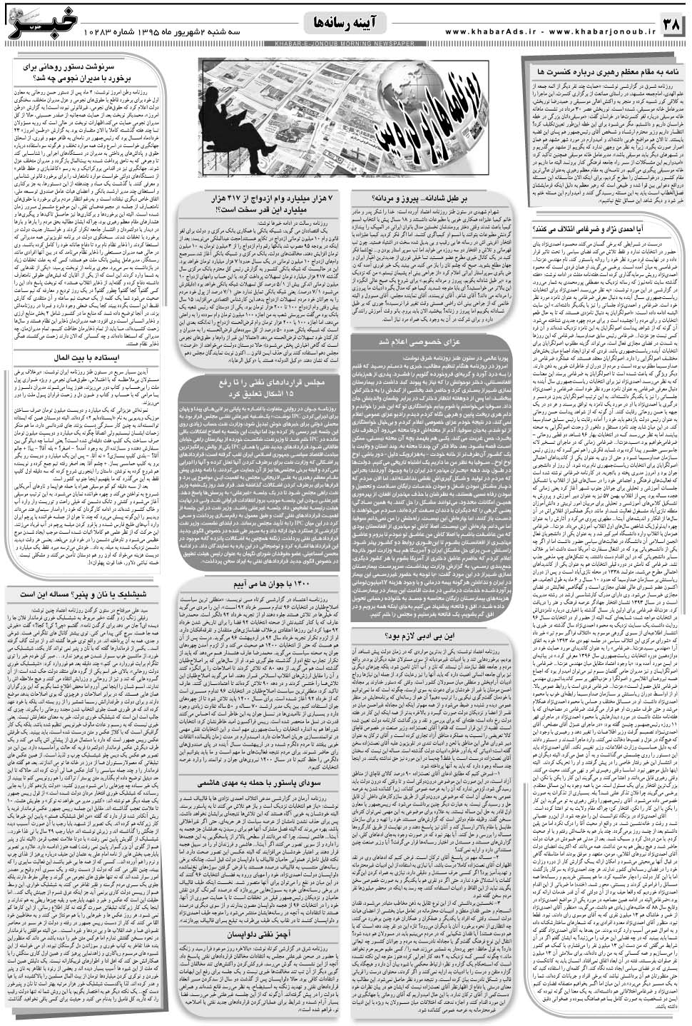 مشاهده صفحه ۳۸ روزنامه خبرجنوب تاریخ ۲  سال ۱۳۹۵