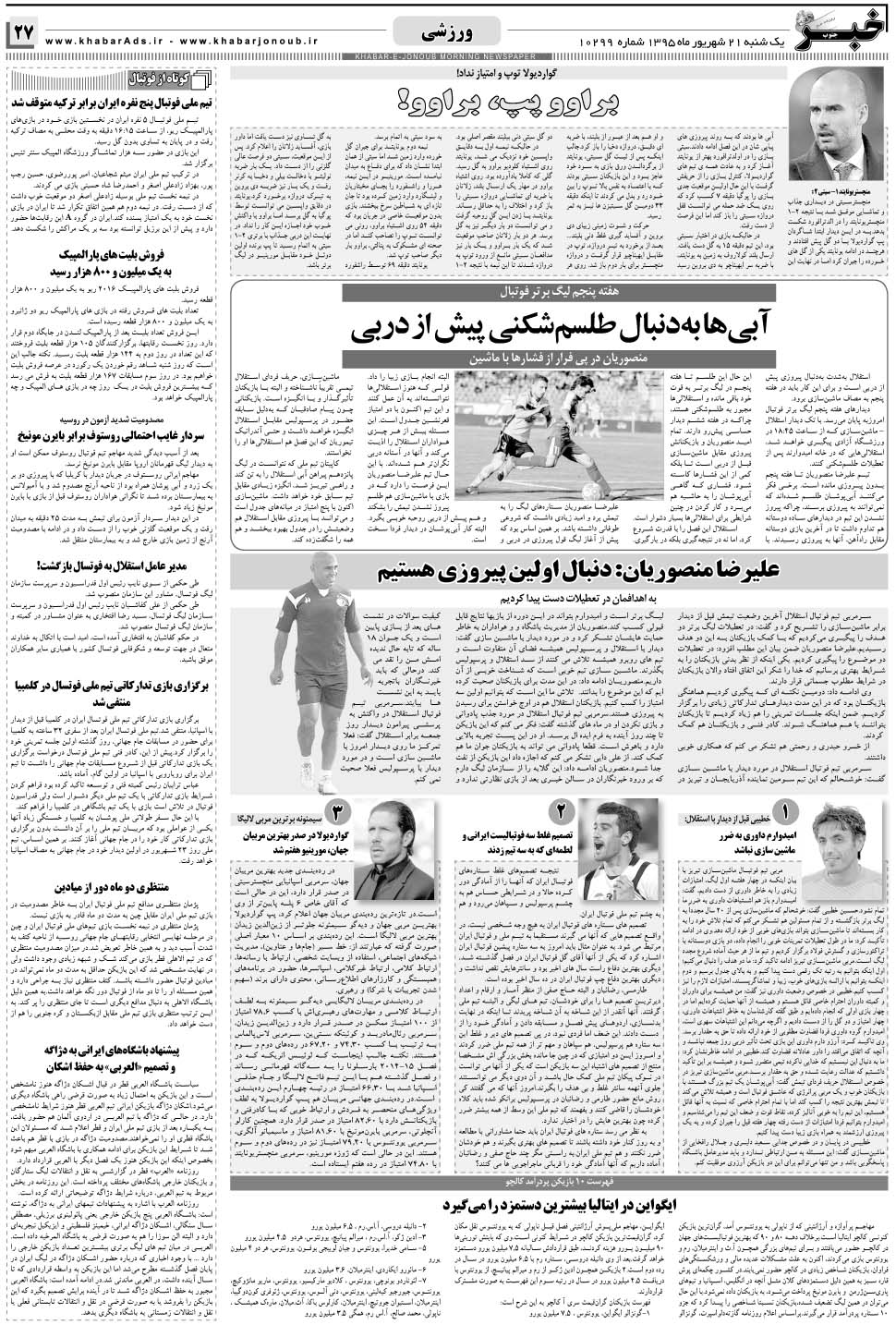 مشاهده صفحه ۲۷ روزنامه خبرجنوب تاریخ ۲۱  سال ۱۳۹۵