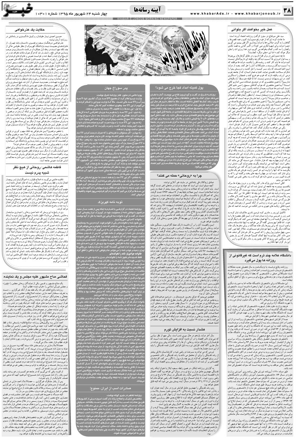 مشاهده صفحه ۳۸ روزنامه خبرجنوب تاریخ ۲۴  سال ۱۳۹۵
