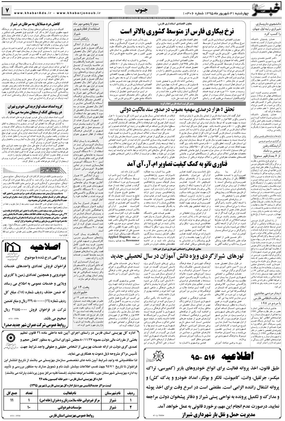 مشاهده صفحه ۷ روزنامه خبرجنوب تاریخ ۳۱  سال ۱۳۹۵
