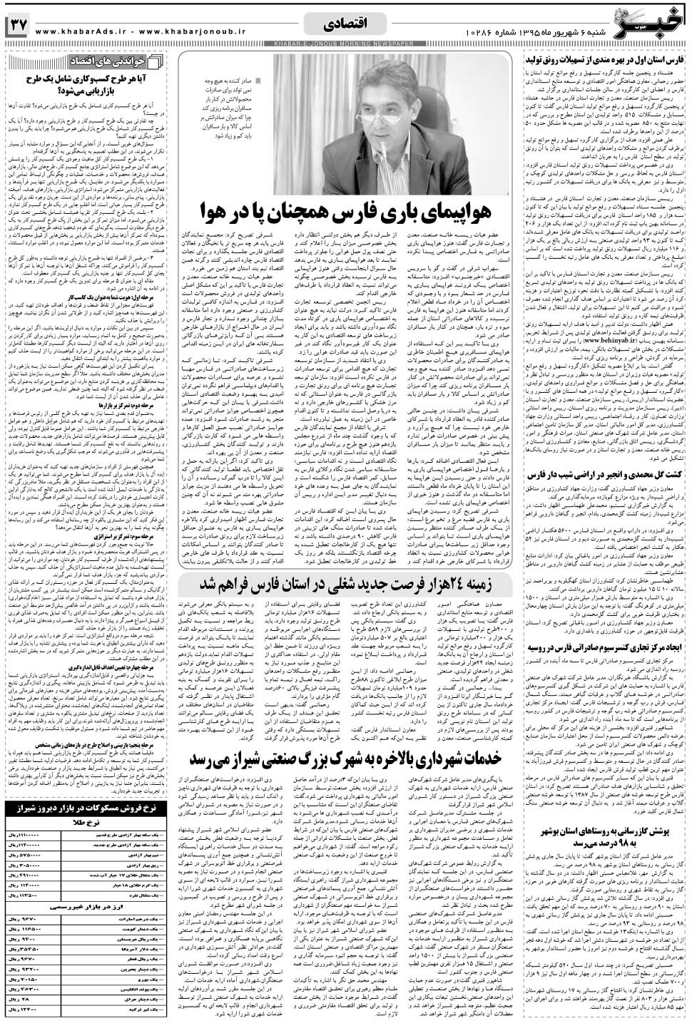 مشاهده صفحه ۳۷ روزنامه خبرجنوب تاریخ ۶  سال ۱۳۹۵