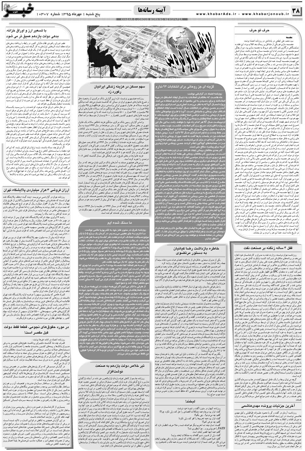 مشاهده صفحه ۳۸ روزنامه خبرجنوب تاریخ ۱  سال ۱۳۹۵