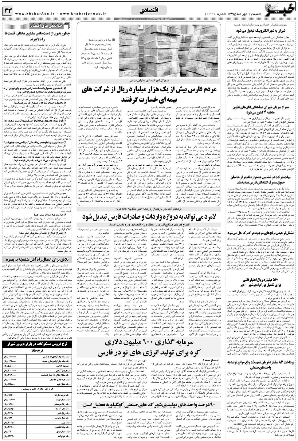 مشاهده صفحه ۳۳ روزنامه خبرجنوب تاریخ ۱۷  سال ۱۳۹۵