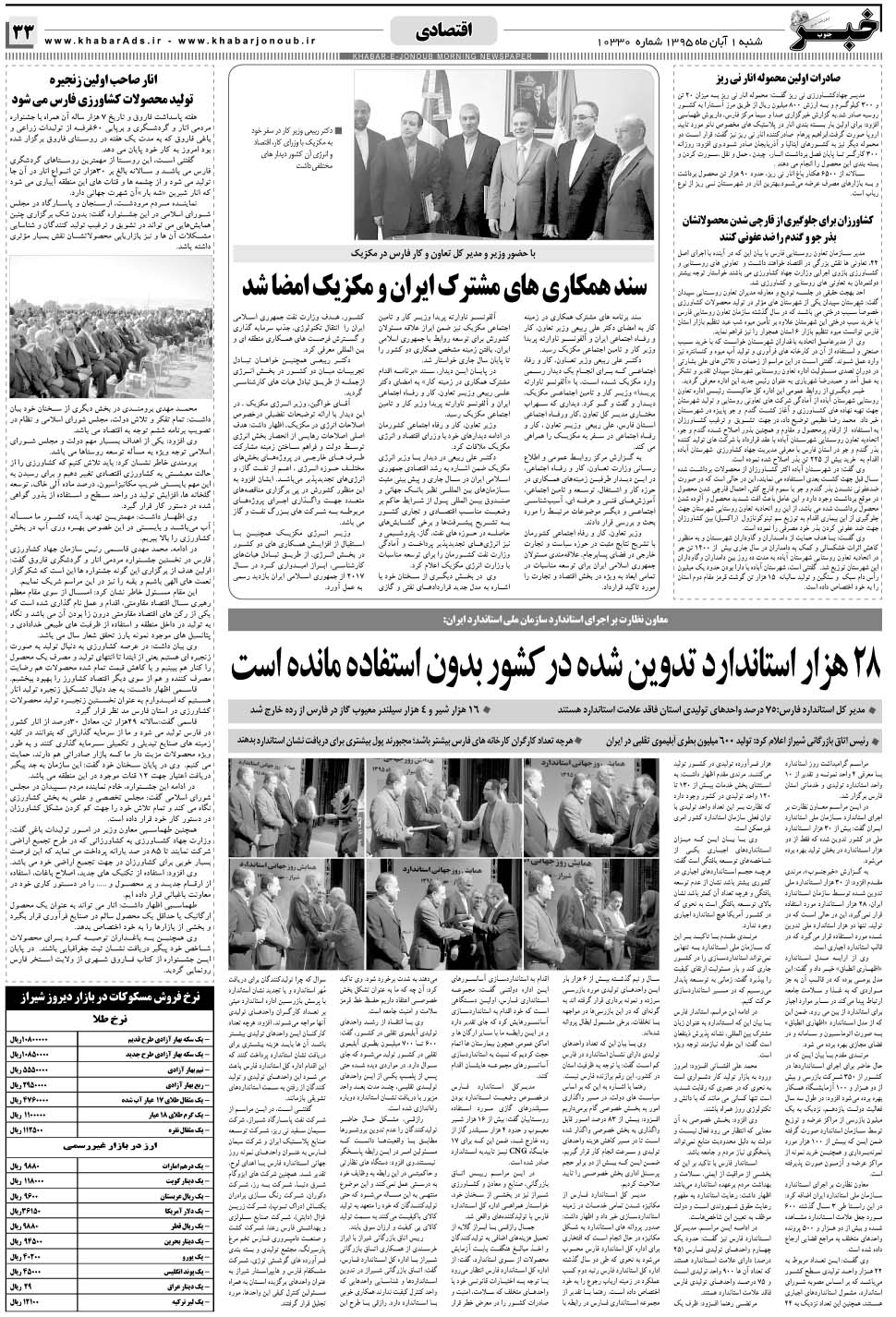 مشاهده صفحه ۳۳ روزنامه خبرجنوب تاریخ ۱  سال ۱۳۹۵