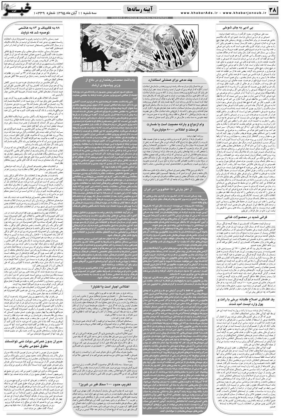 مشاهده صفحه ۳۸ روزنامه خبرجنوب تاریخ ۱۱  سال ۱۳۹۵