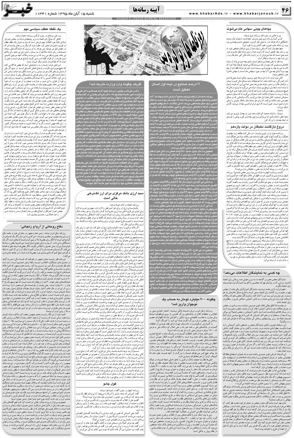 مشاهده صفحه ۴۶ روزنامه خبرجنوب تاریخ ۱۵  سال ۱۳۹۵