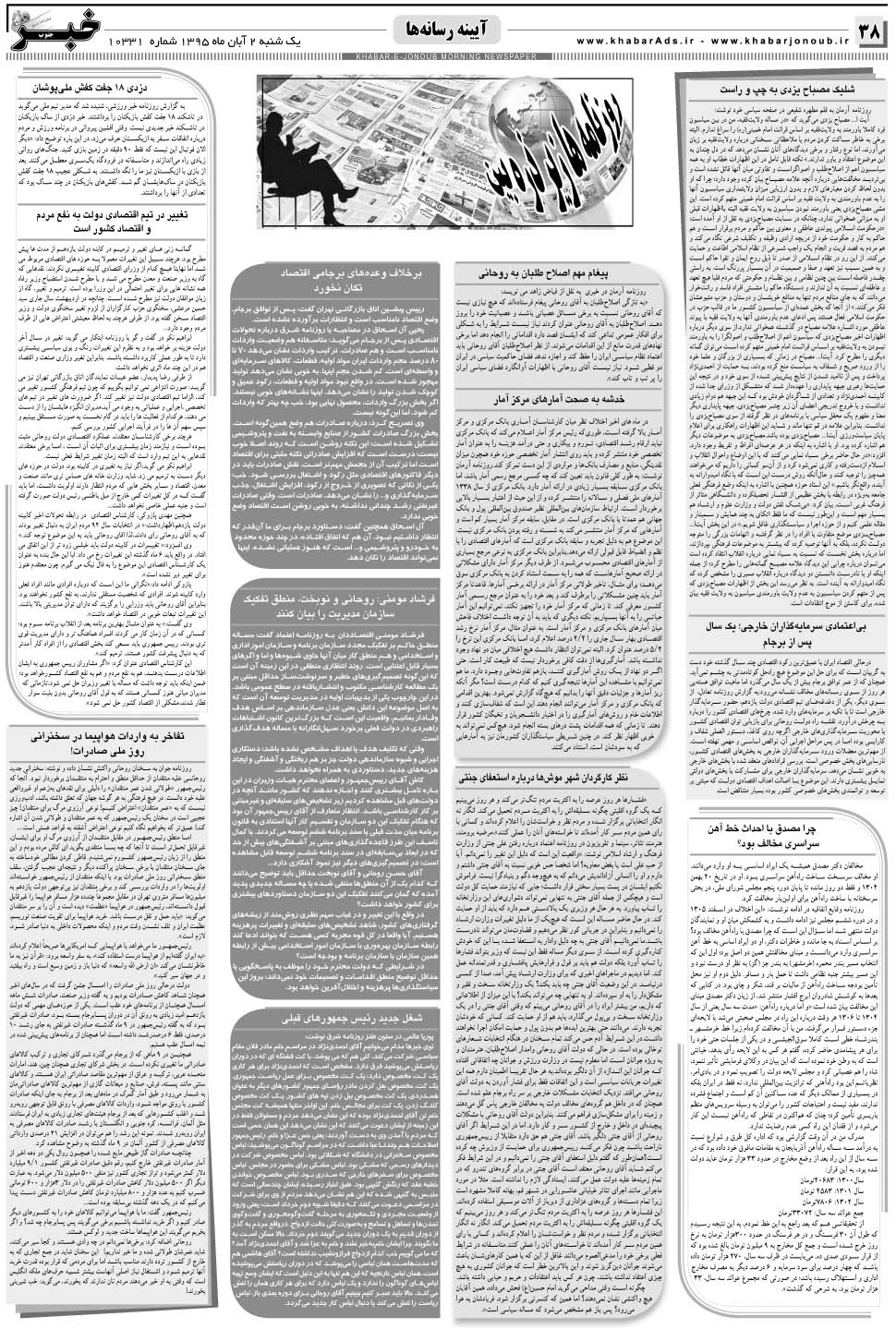 مشاهده صفحه ۳۸ روزنامه خبرجنوب تاریخ ۲  سال ۱۳۹۵