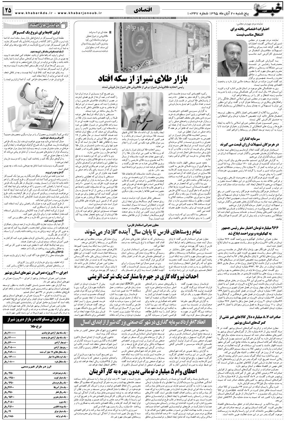 مشاهده صفحه ۲۵ روزنامه خبرجنوب تاریخ ۲۰  سال ۱۳۹۵