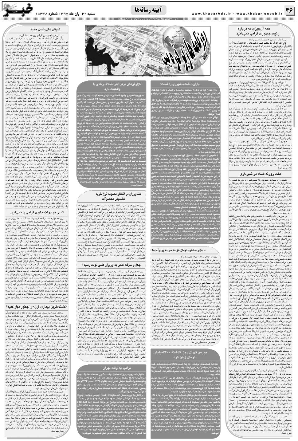 مشاهده صفحه ۴۶ روزنامه خبرجنوب تاریخ ۲۲  سال ۱۳۹۵