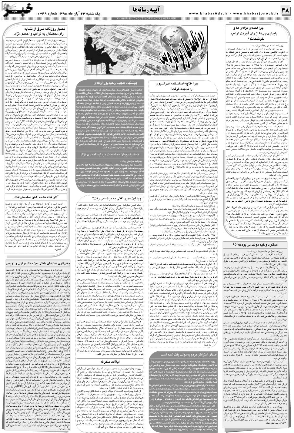مشاهده صفحه ۳۸ روزنامه خبرجنوب تاریخ ۲۳  سال ۱۳۹۵