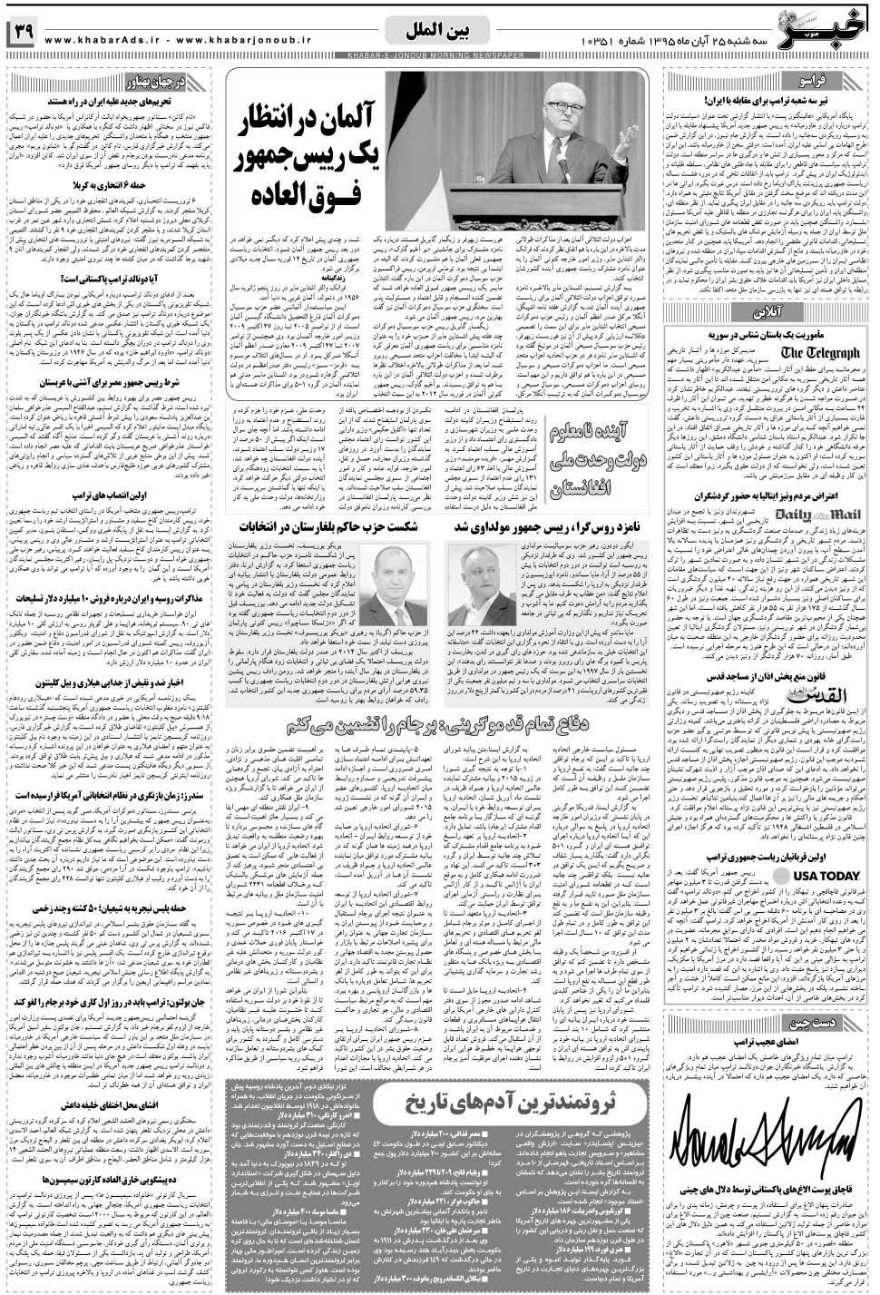 مشاهده صفحه ۳۹ روزنامه خبرجنوب تاریخ ۲۵  سال ۱۳۹۵