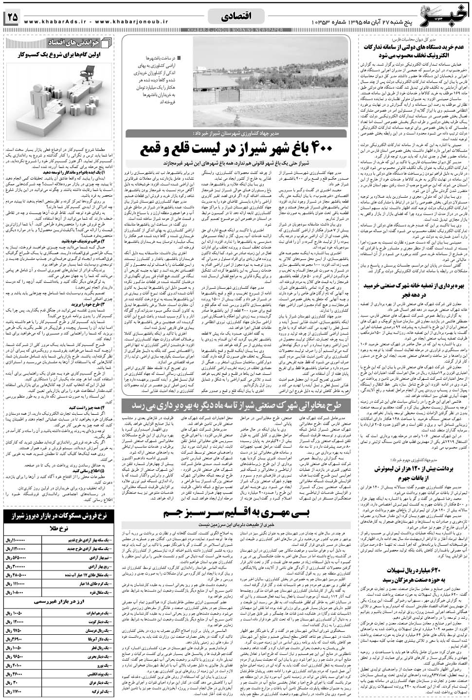 مشاهده صفحه ۲۵ روزنامه خبرجنوب تاریخ ۲۷  سال ۱۳۹۵