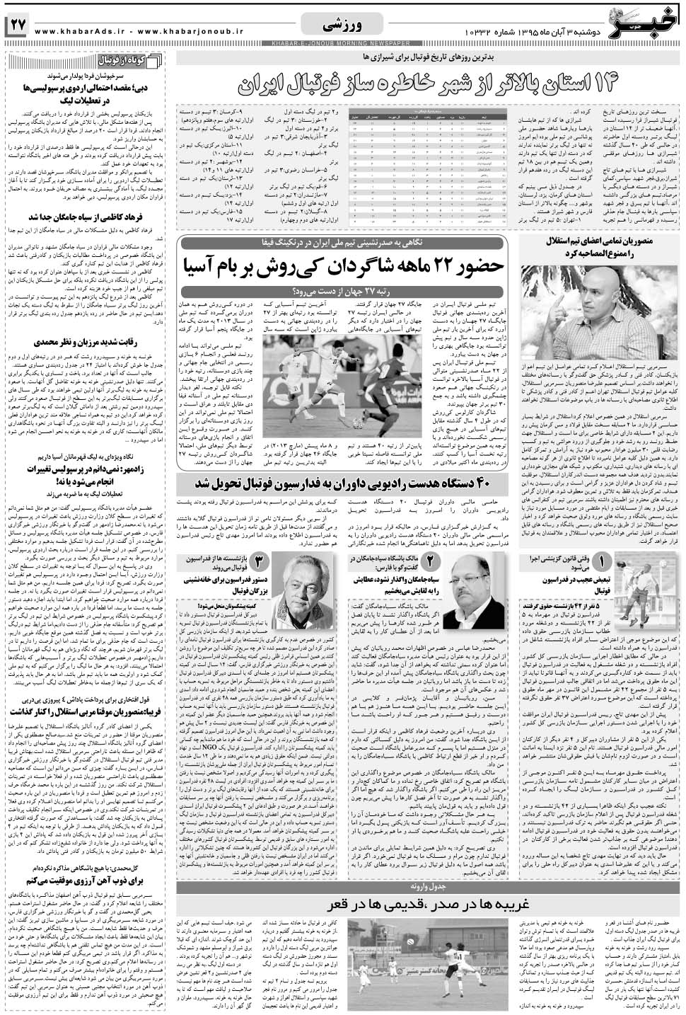 مشاهده صفحه ۲۷ روزنامه خبرجنوب تاریخ ۳  سال ۱۳۹۵