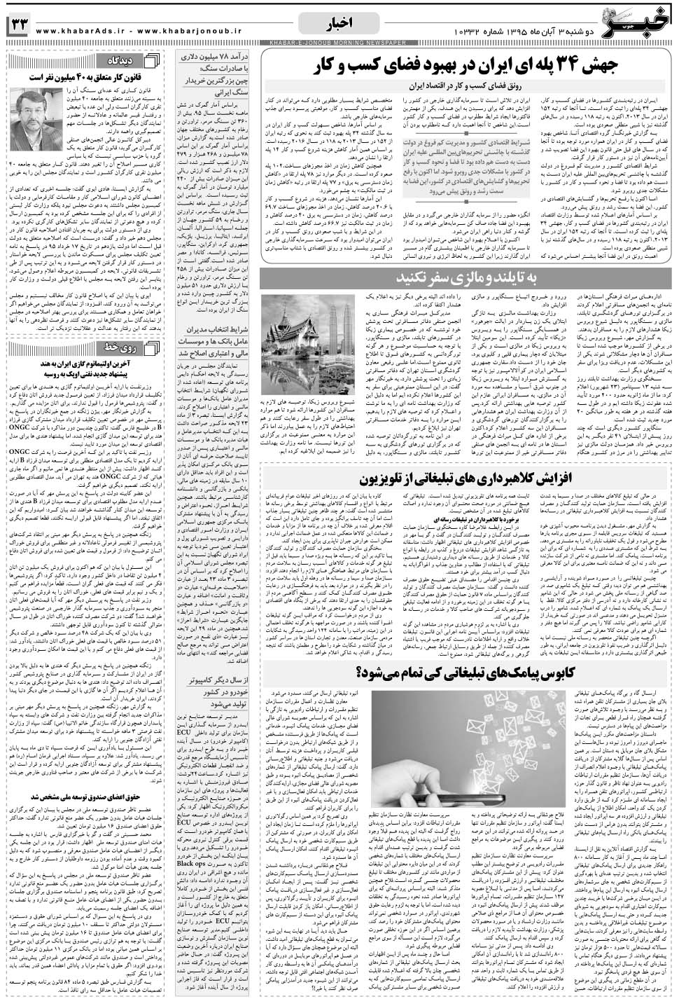 مشاهده صفحه ۳۳ روزنامه خبرجنوب تاریخ ۳  سال ۱۳۹۵