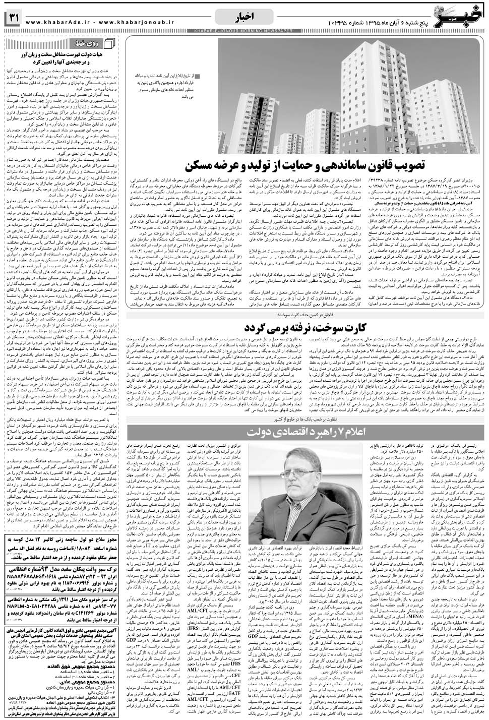 مشاهده صفحه ۳۱ روزنامه خبرجنوب تاریخ ۶  سال ۱۳۹۵