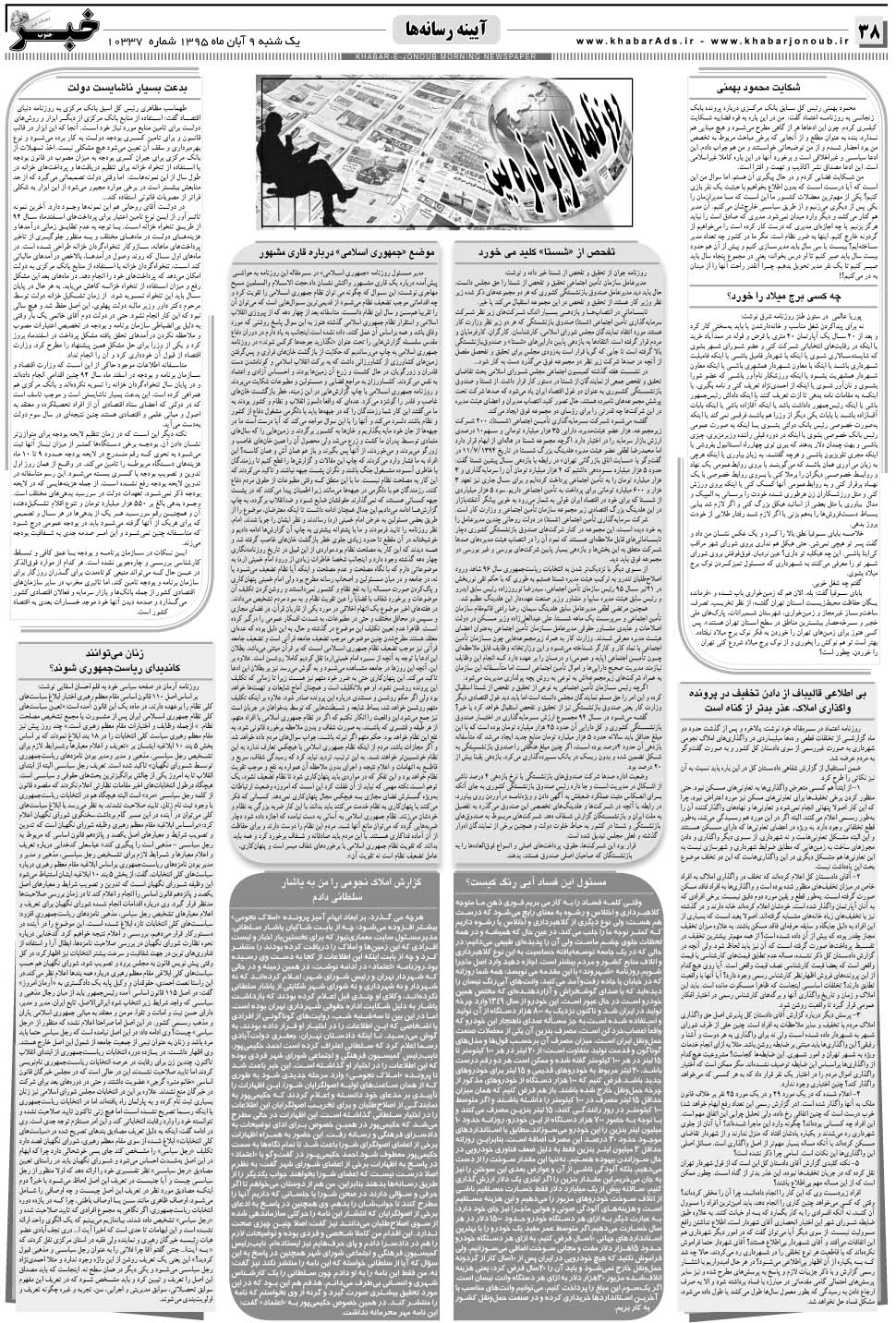 مشاهده صفحه ۳۸ روزنامه خبرجنوب تاریخ ۹  سال ۱۳۹۵