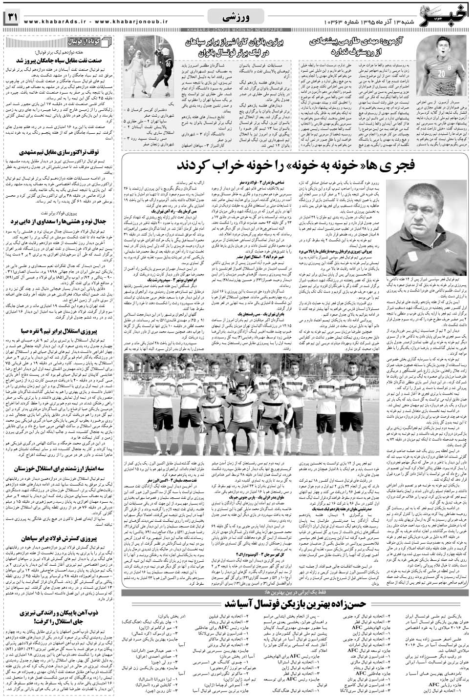 مشاهده صفحه ۳۱ روزنامه خبرجنوب تاریخ ۱۳  سال ۱۳۹۵