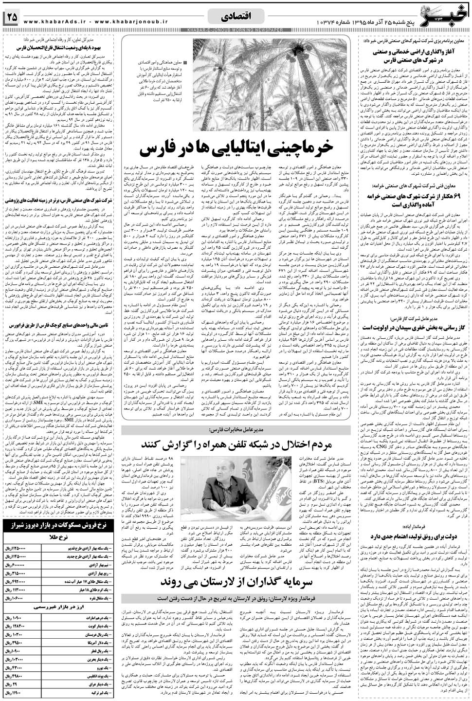 مشاهده صفحه ۲۵ روزنامه خبرجنوب تاریخ ۲۵  سال ۱۳۹۵
