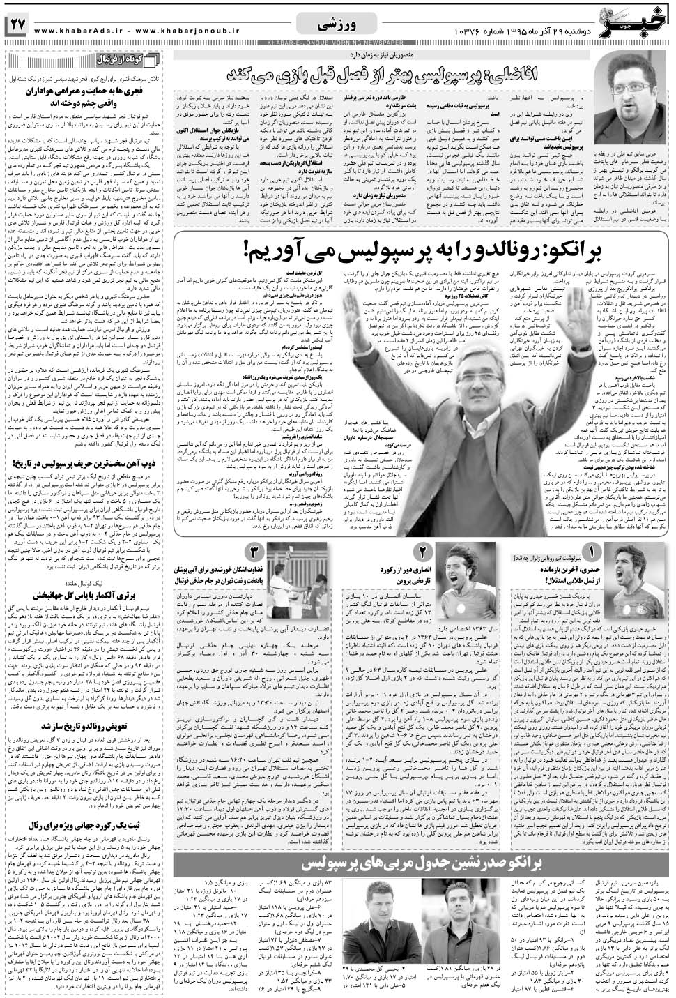 مشاهده صفحه ۲۷ روزنامه خبرجنوب تاریخ ۲۹  سال ۱۳۹۵