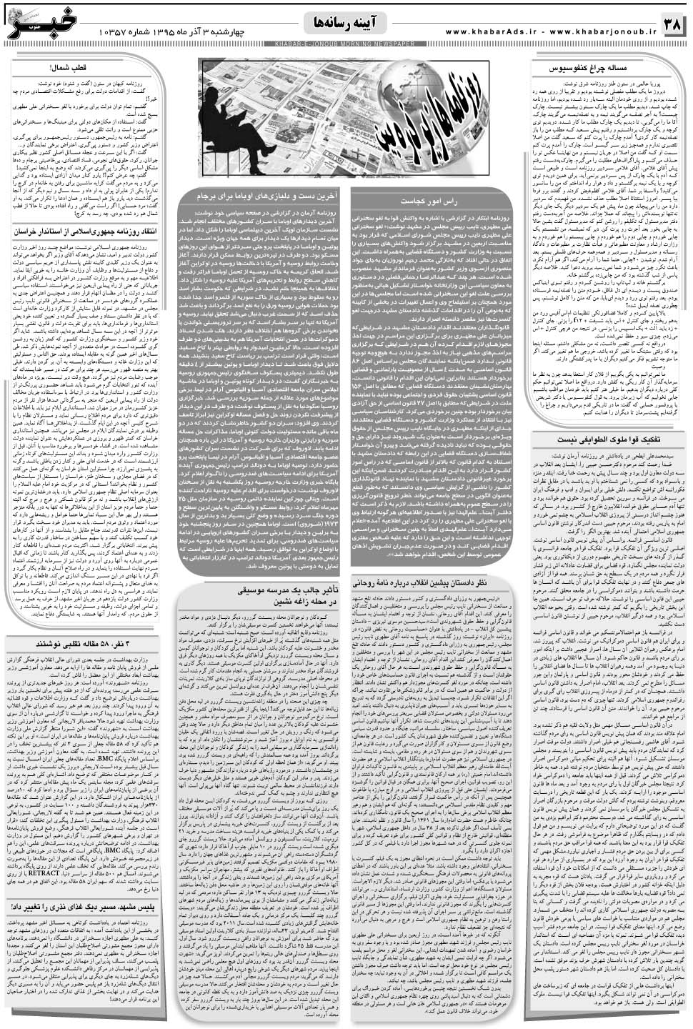 مشاهده صفحه ۳۸ روزنامه خبرجنوب تاریخ ۳  سال ۱۳۹۵