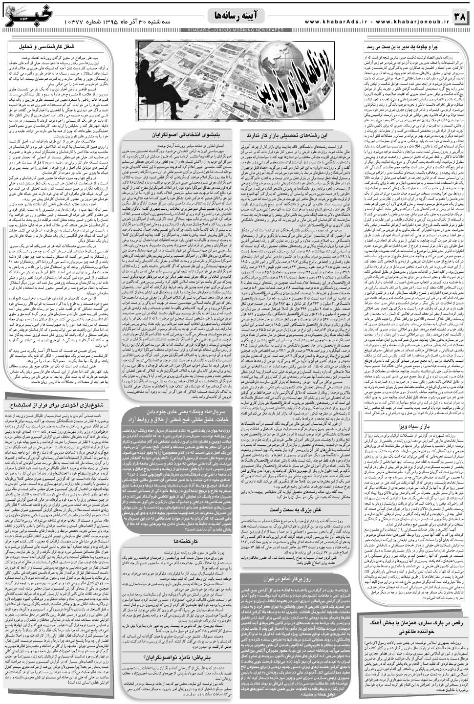مشاهده صفحه ۳۸ روزنامه خبرجنوب تاریخ ۳۰  سال ۱۳۹۵