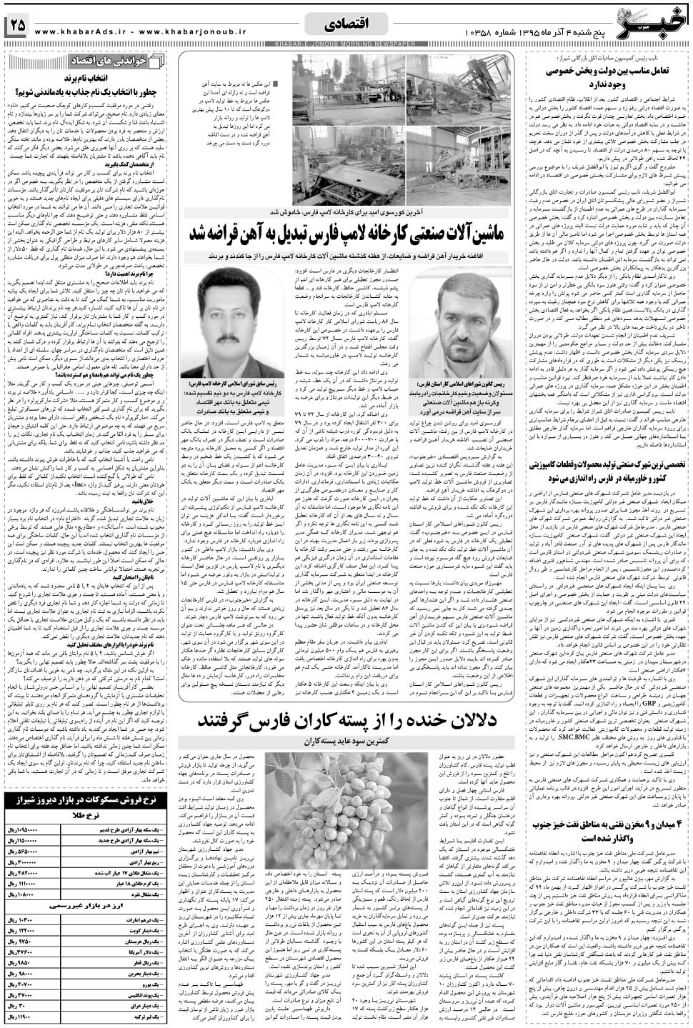 مشاهده صفحه ۲۵ روزنامه خبرجنوب تاریخ ۴  سال ۱۳۹۵