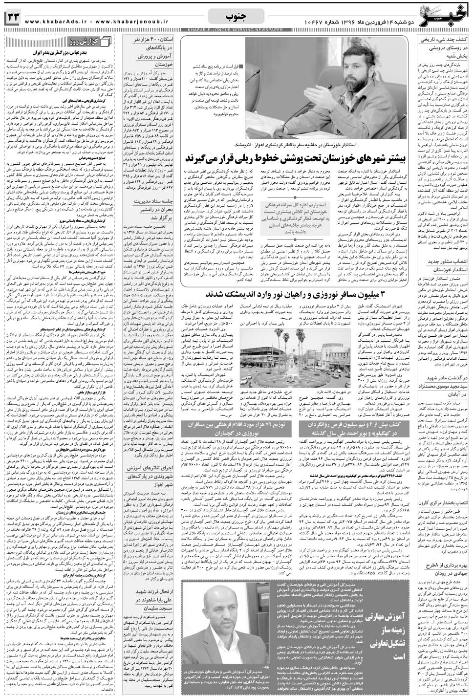 مشاهده صفحه ۳۳ روزنامه خبرجنوب تاریخ ۱۴  سال ۱۳۹۶