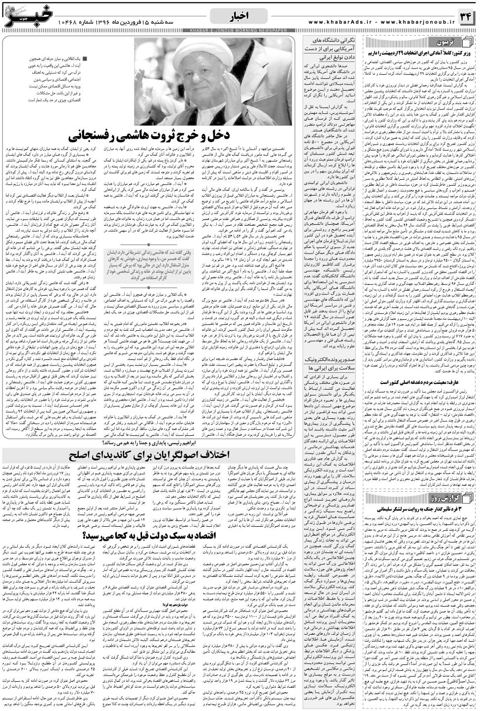 مشاهده صفحه ۳۴ روزنامه خبرجنوب تاریخ ۱۵  سال ۱۳۹۶