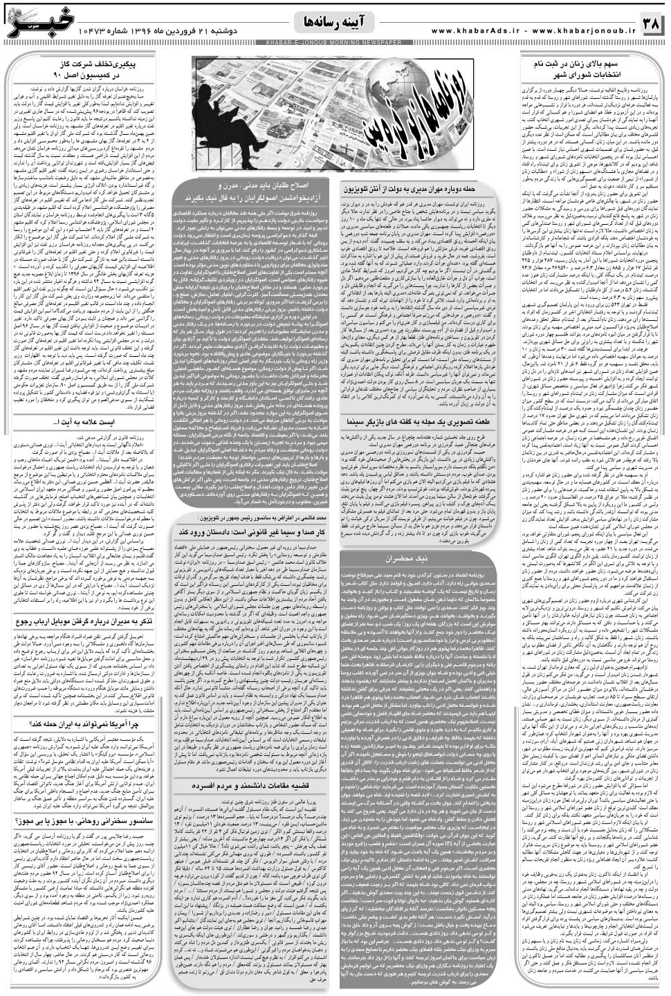 مشاهده صفحه ۳۸ روزنامه خبرجنوب تاریخ ۲۱  سال ۱۳۹۶