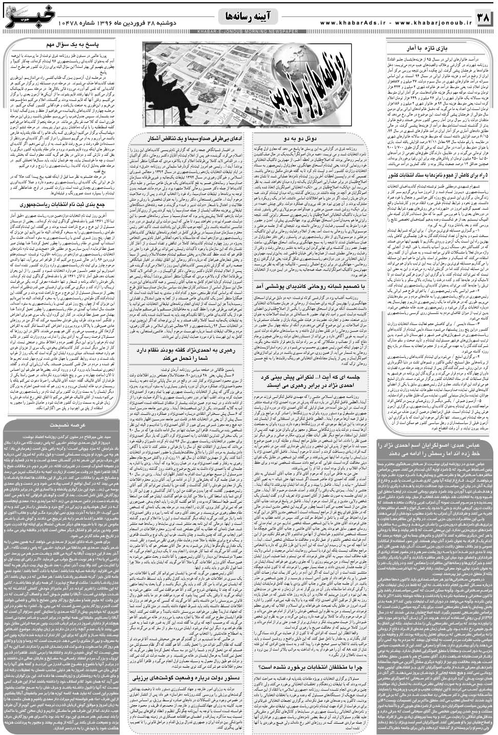 مشاهده صفحه ۳۸ روزنامه خبرجنوب تاریخ ۲۸  سال ۱۳۹۶
