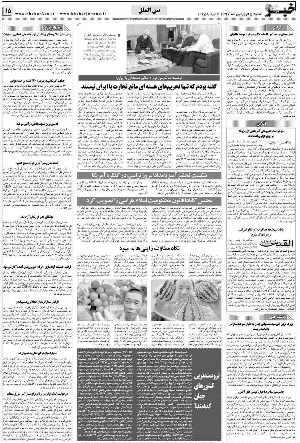 مشاهده صفحه ۱۵ روزنامه خبرجنوب تاریخ ۵  سال ۱۳۹۶