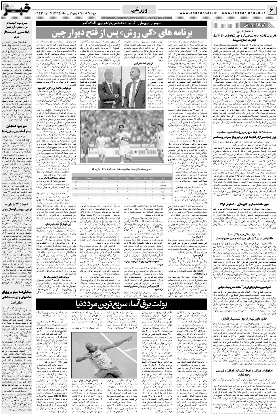 مشاهده صفحه ۶ روزنامه خبرجنوب تاریخ ۹  سال ۱۳۹۶
