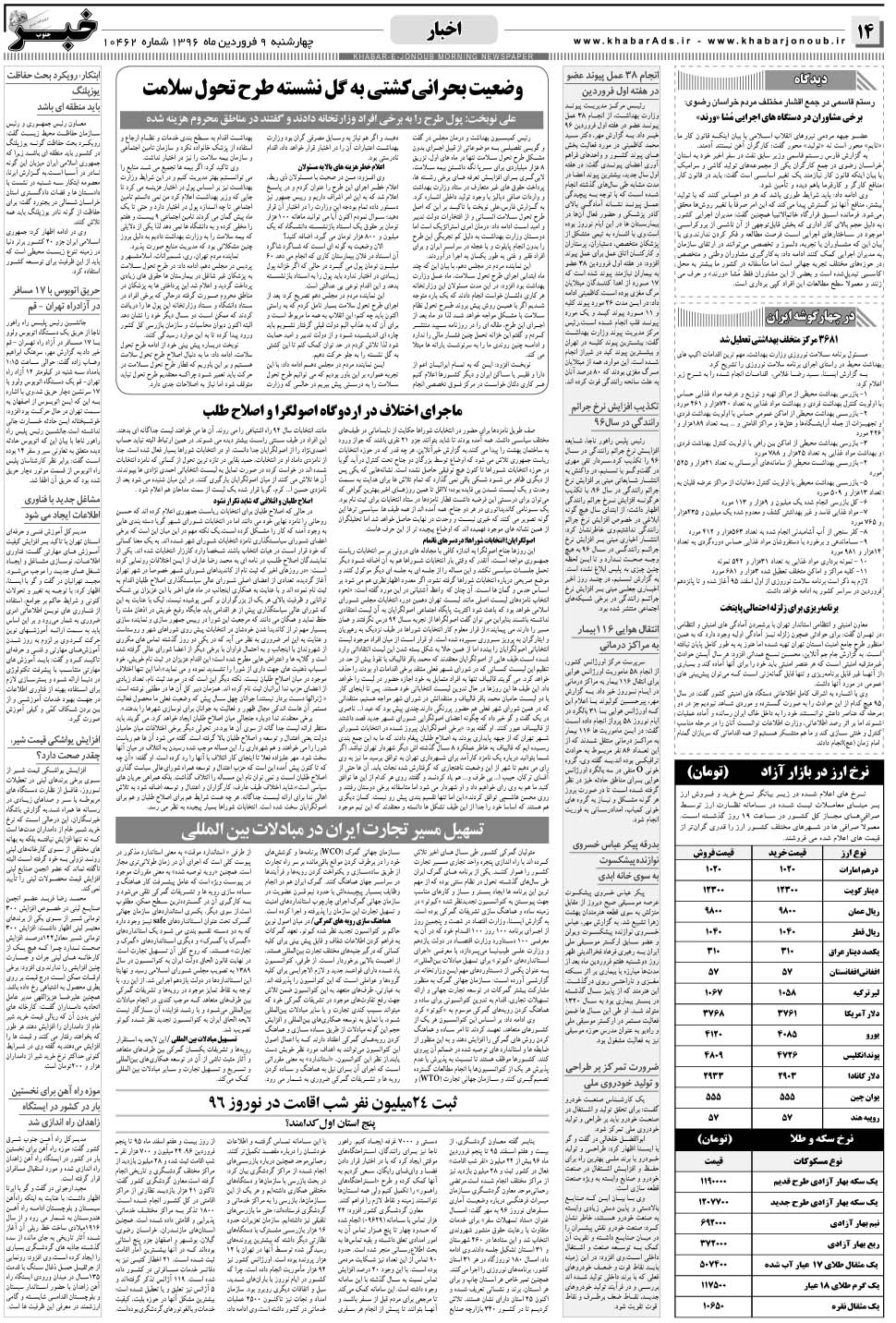 مشاهده صفحه ۱۴ روزنامه خبرجنوب تاریخ ۹  سال ۱۳۹۶