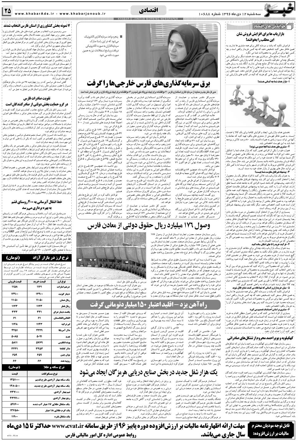 مشاهده صفحه ۲۵ روزنامه خبرجنوب تاریخ ۱۲ دی سال ۱۳۹۶