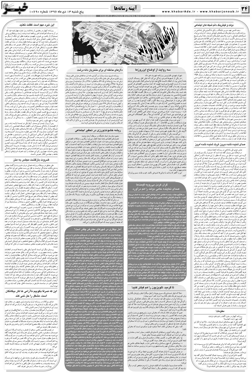 مشاهده صفحه ۳۴ روزنامه خبرجنوب تاریخ ۱۴ دی سال ۱۳۹۶