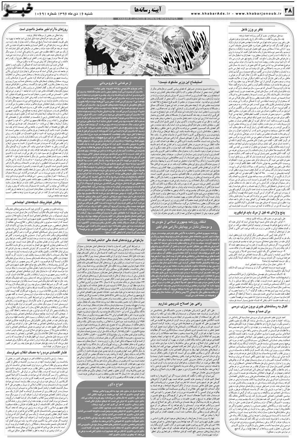 مشاهده صفحه ۳۸ روزنامه خبرجنوب تاریخ ۱۶ دی سال ۱۳۹۶