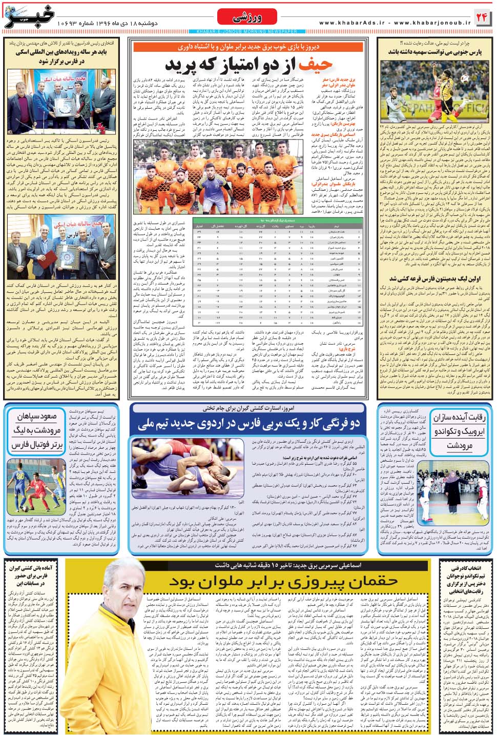 مشاهده صفحه ۲۴ روزنامه خبرجنوب تاریخ ۱۸ دی سال ۱۳۹۶