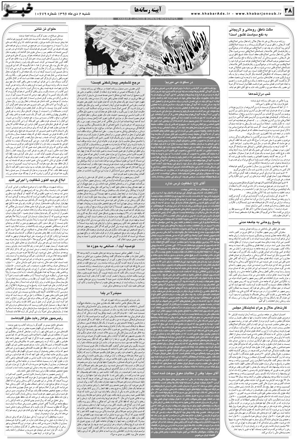 مشاهده صفحه ۳۸ روزنامه خبرجنوب تاریخ ۲ دی سال ۱۳۹۶