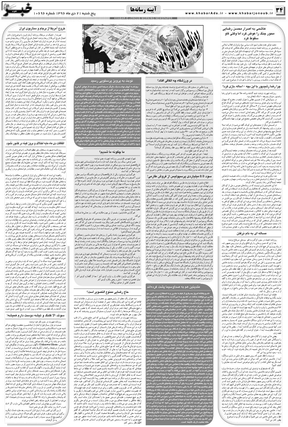 مشاهده صفحه ۳۴ روزنامه خبرجنوب تاریخ ۲۱ دی سال ۱۳۹۶