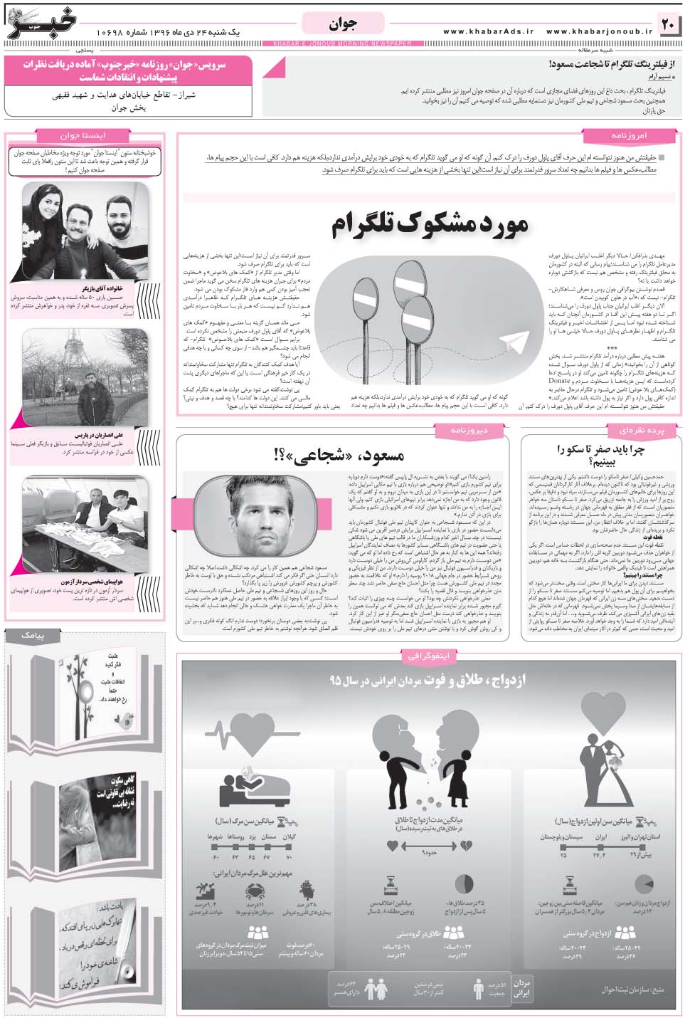 مشاهده صفحه ۲۰ روزنامه خبرجنوب تاریخ ۲۴ دی سال ۱۳۹۶