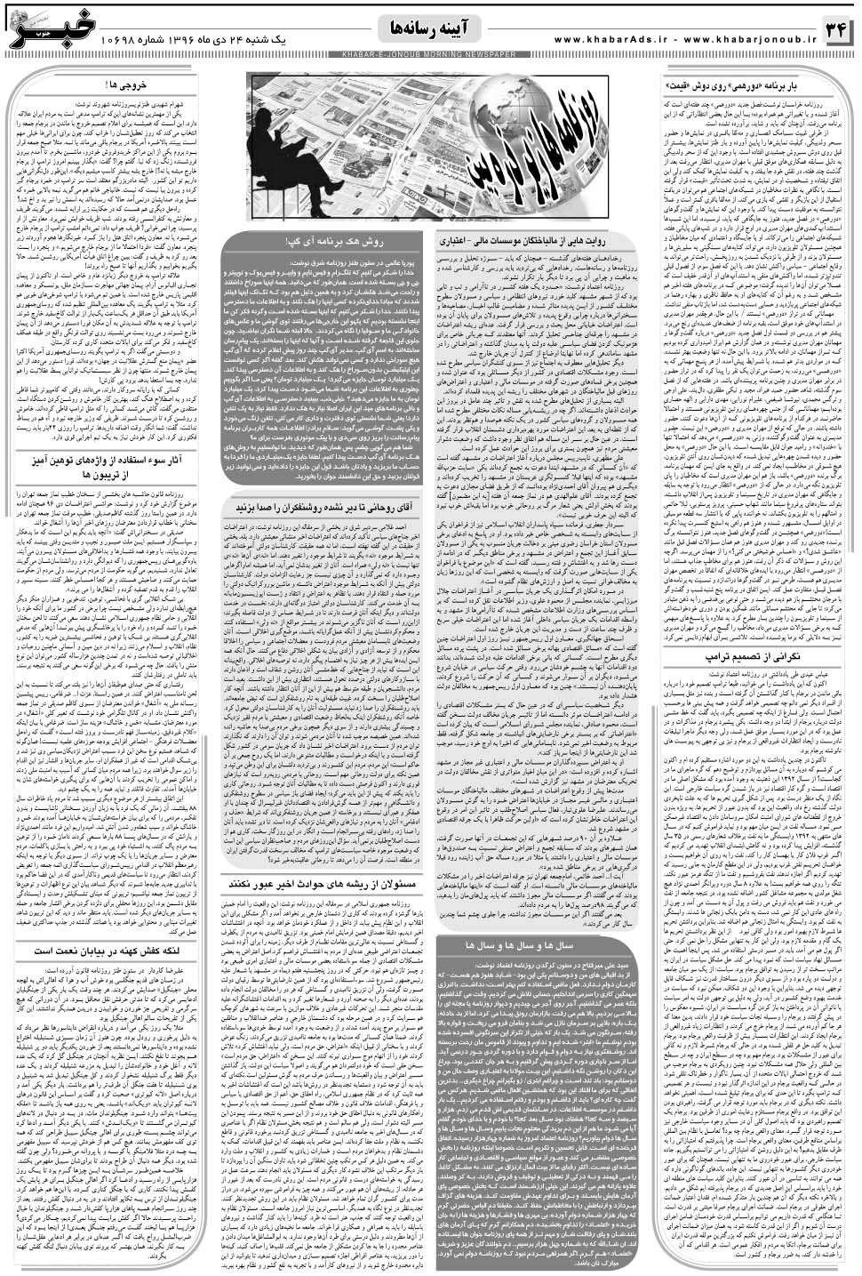 مشاهده صفحه ۳۴ روزنامه خبرجنوب تاریخ ۲۴ دی سال ۱۳۹۶