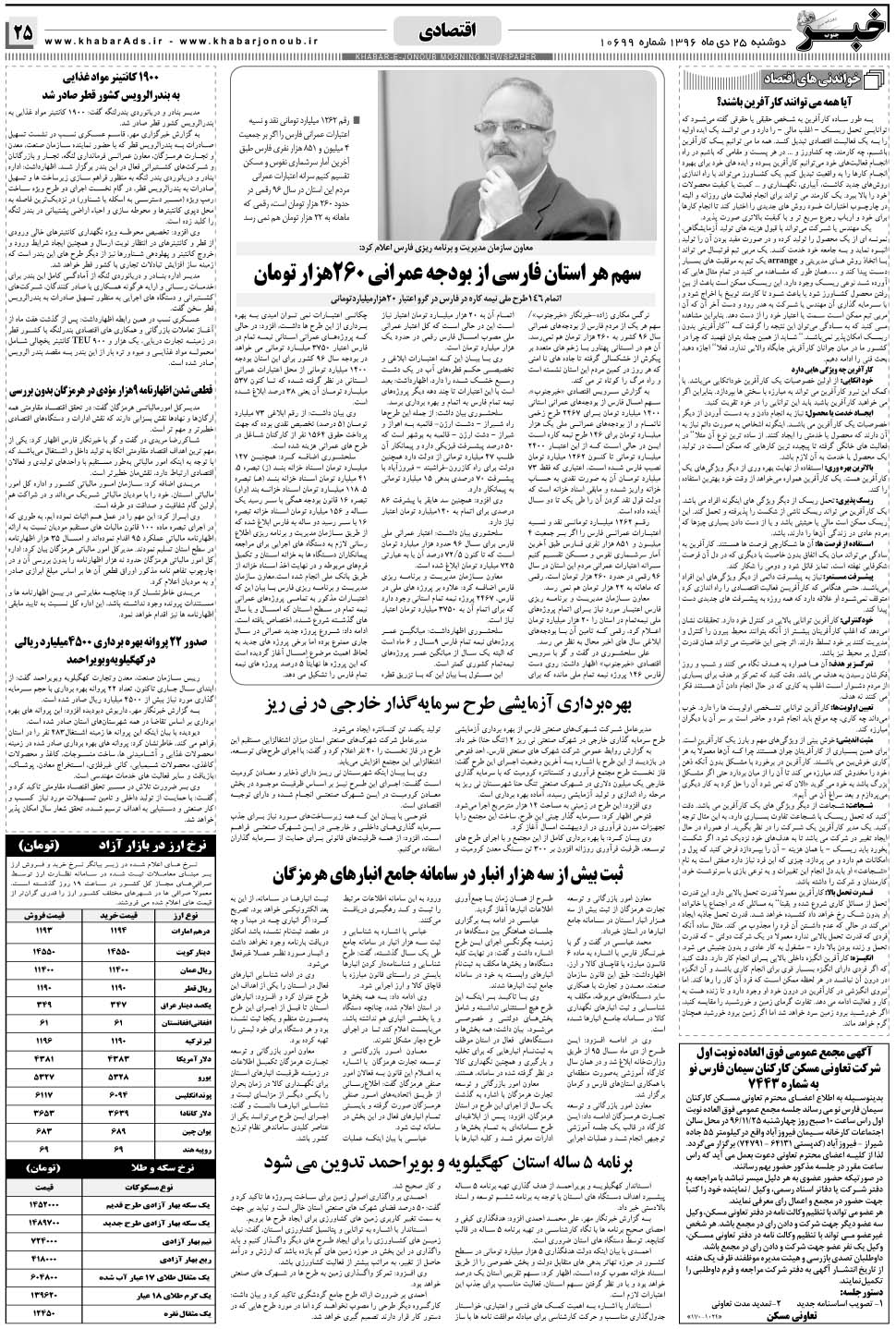 مشاهده صفحه ۲۵ روزنامه خبرجنوب تاریخ ۲۵ دی سال ۱۳۹۶
